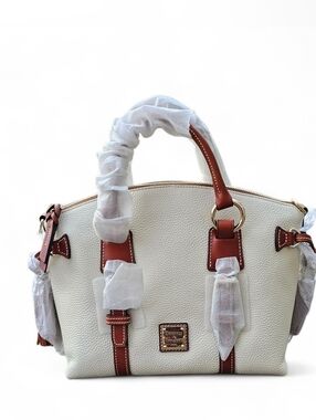 Dooney & Bourke Cream Pebbled Leather Satchel with Brown Trim